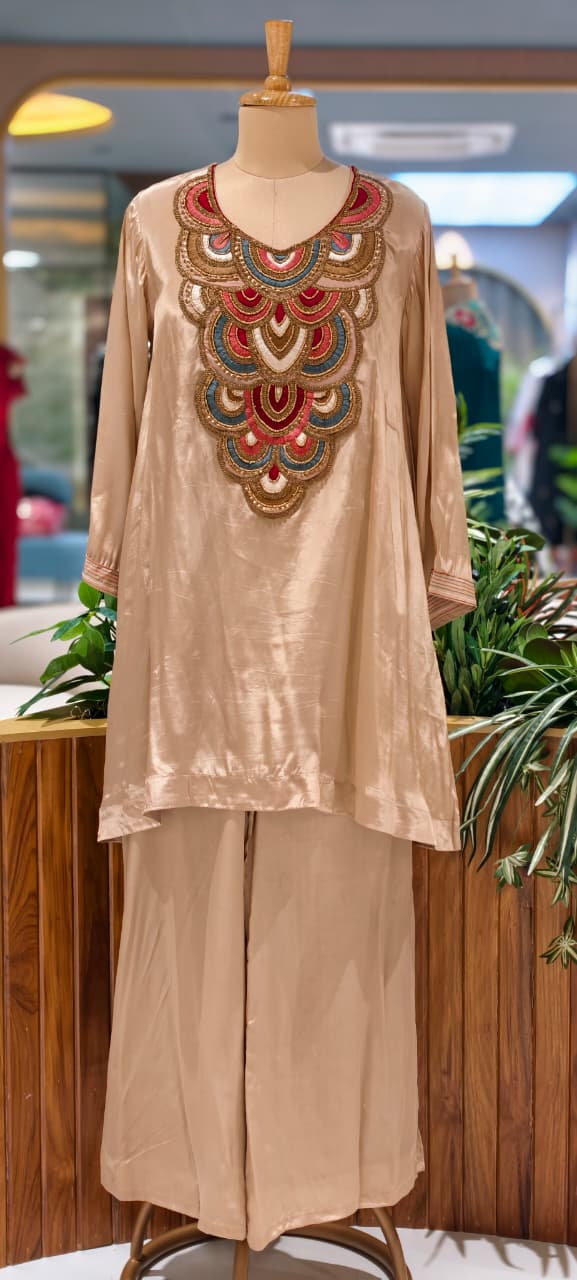 Antique Multicolor Jewellery Look Yoke Premium Indo Wear Kurta Pant Set In Crepe Fabric- 13797