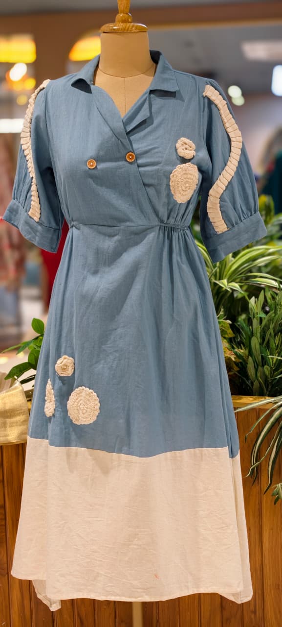 Beautiful Crochet Work Dual Tone Summer Wear Frock With Balloon Sleeve