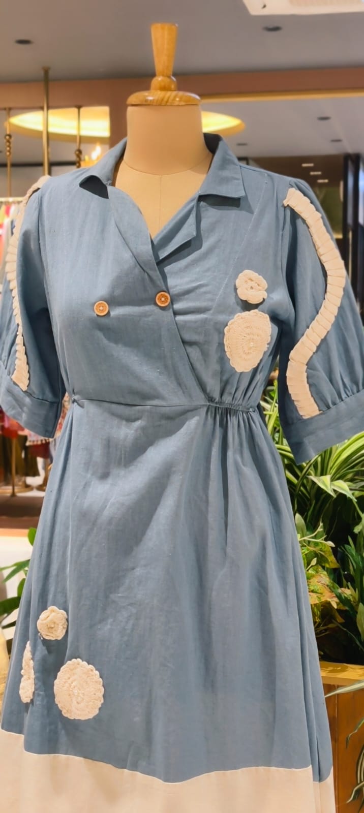Beautiful Crochet Work Dual Tone Summer Wear Frock With Balloon Sleeve