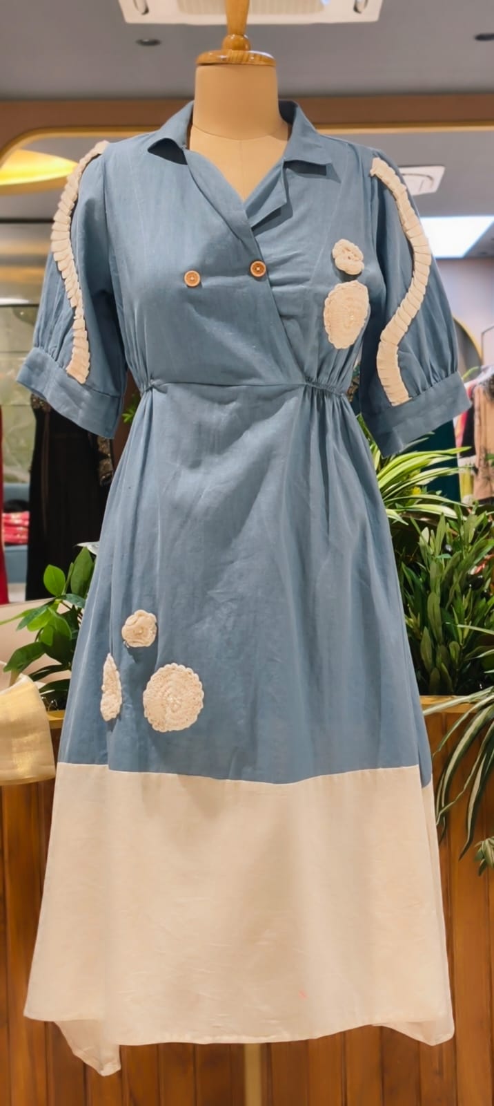 Beautiful Crochet Work Dual Tone Summer Wear Frock With Balloon Sleeve