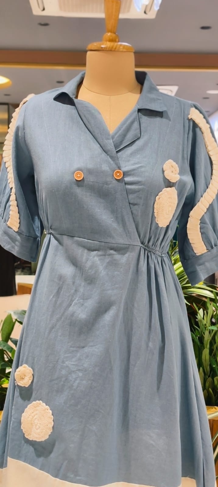 Beautiful Crochet Work Dual Tone Summer Wear Frock With Balloon Sleeve