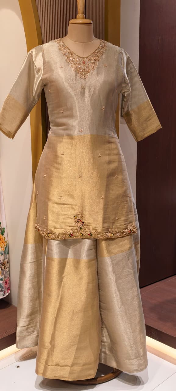 Dual Tone Shiny Premium Tissue Elegance Suttle Embroidery Work Kurta With Skirt Bottom & Dupatta- 13750