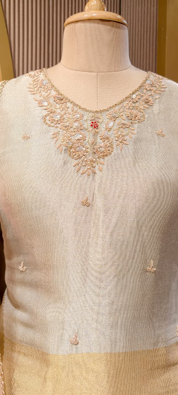 Dual Tone Shiny Premium Tissue Elegance Suttle Embroidery Work Kurta With Skirt Bottom & Dupatta- 13750