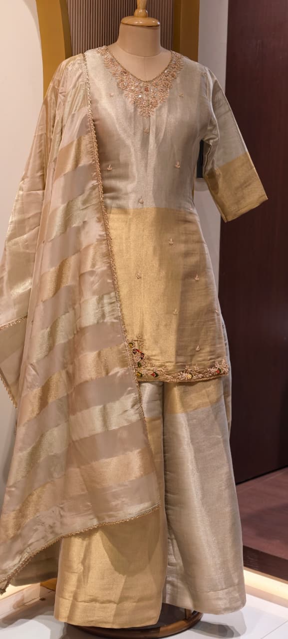 Dual Tone Shiny Premium Tissue Elegance Suttle Embroidery Work Kurta With Skirt Bottom & Dupatta- 13750