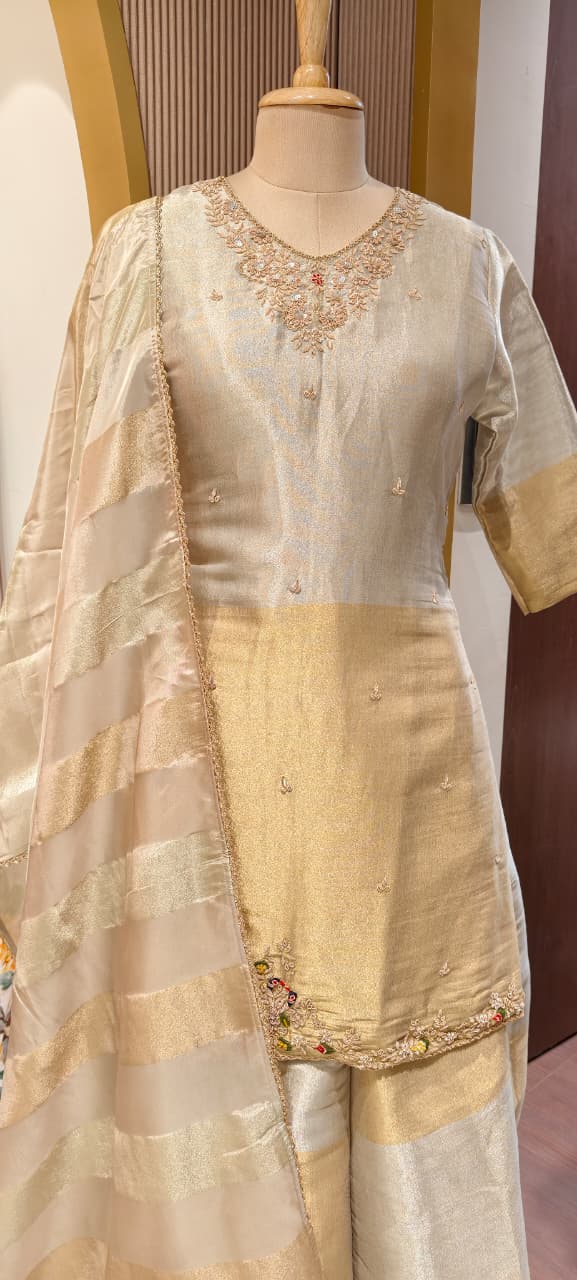 Dual Tone Shiny Premium Tissue Elegance Suttle Embroidery Work Kurta With Skirt Bottom & Dupatta- 13750