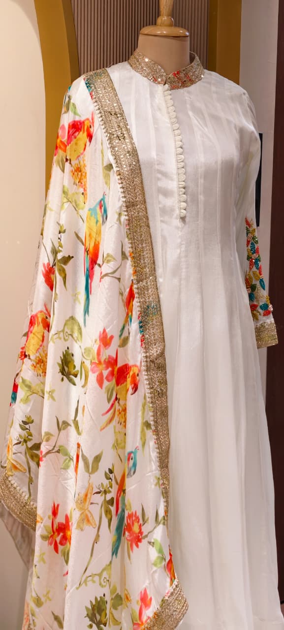 Premium Chinon Panel Anarkali Full Suit Set With Multicolor Floral Embroidery Work In Sleeve & Printed Dupatta- 13751