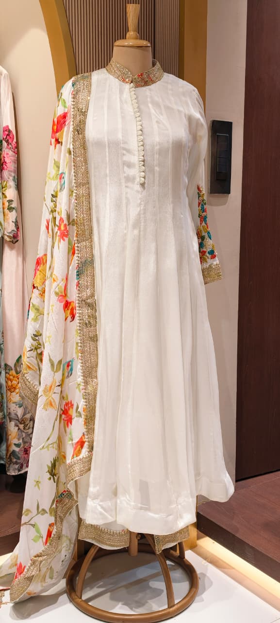 Premium Chinon Panel Anarkali Full Suit Set With Multicolor Floral Embroidery Work In Sleeve & Printed Dupatta- 13751