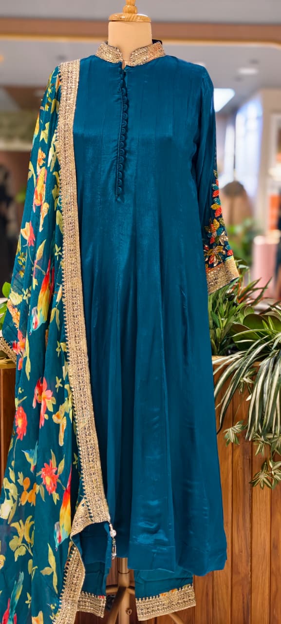 Premium Chinon Panel Anarkali Full Suit Set With Multicolor Floral Embroidery Work In Sleeve & Printed Dupatta- 13751