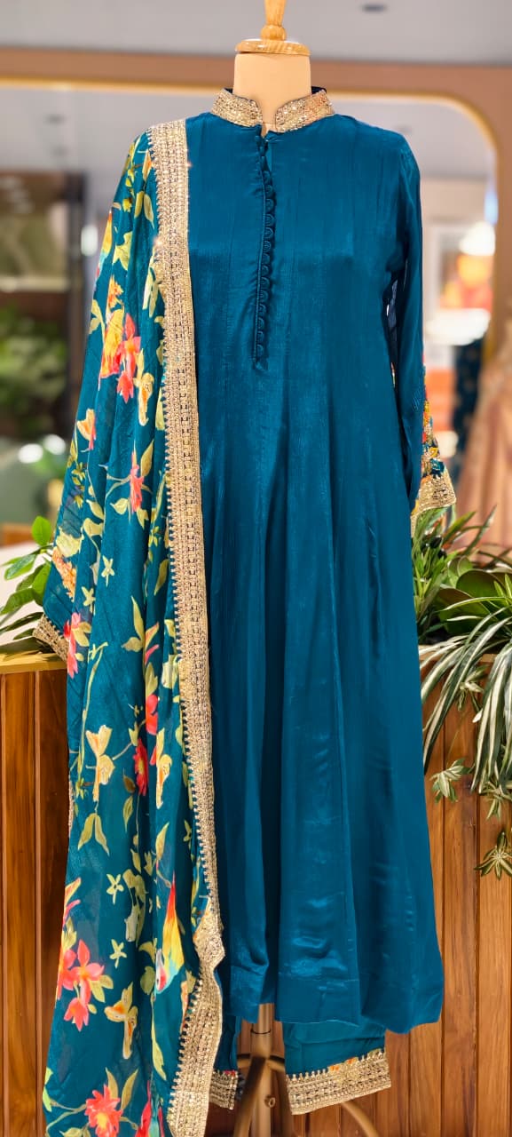 Premium Chinon Panel Anarkali Full Suit Set With Multicolor Floral Embroidery Work In Sleeve & Printed Dupatta- 13751