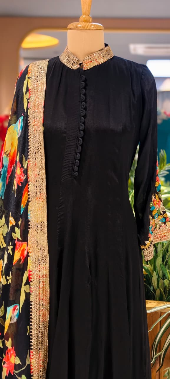 Premium Chinon Panel Anarkali Full Suit Set With Multicolor Floral Embroidery Work In Sleeve & Printed Dupatta- 13751