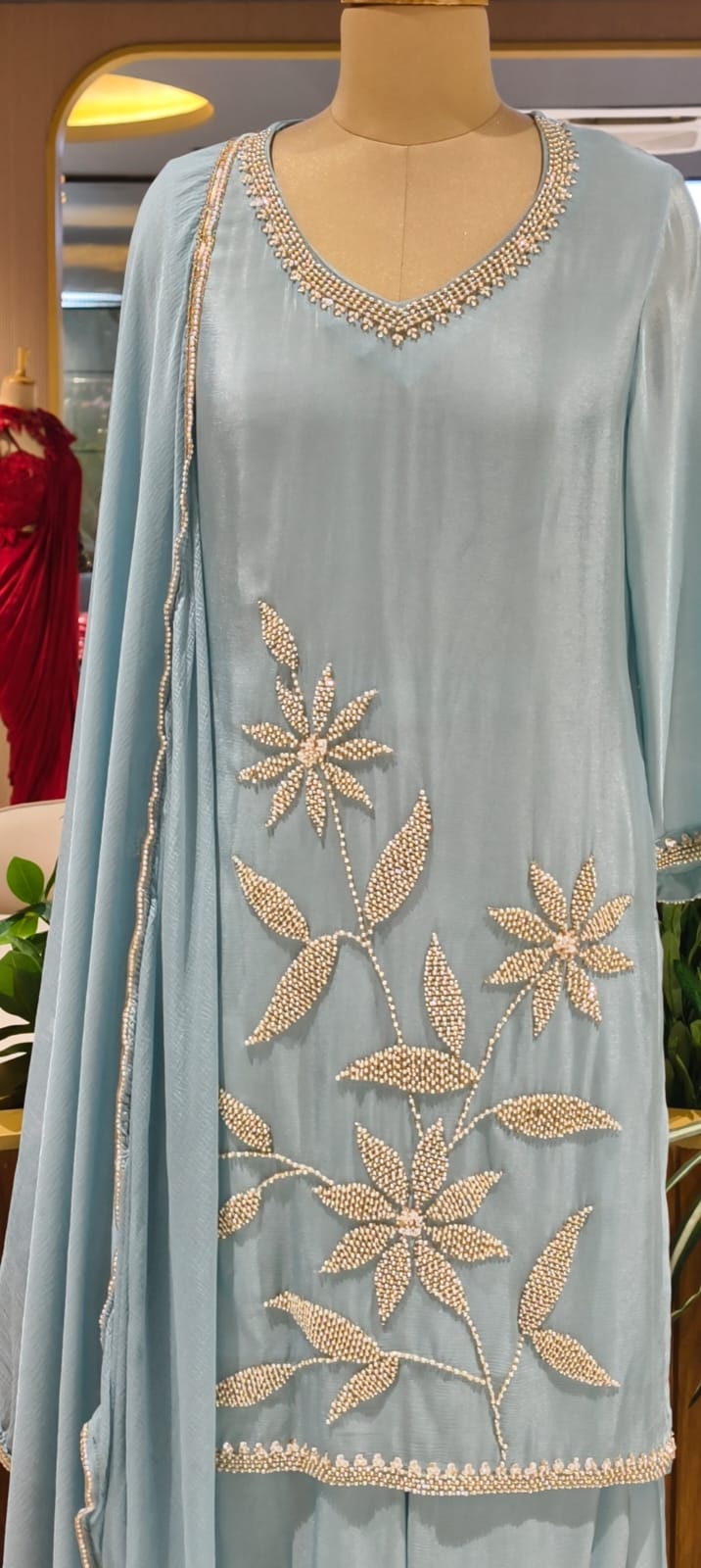 Silver Cut Dana Pastel Elegance Leafy Embroidered Festive Wear Chinon Full Suit Set With Dupatta- 13802