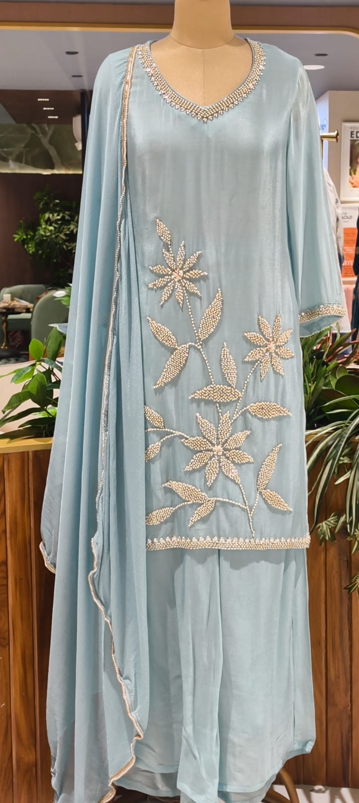 Silver Cut Dana Pastel Elegance Leafy Embroidered Festive Wear Chinon Full Suit Set With Dupatta- 13802