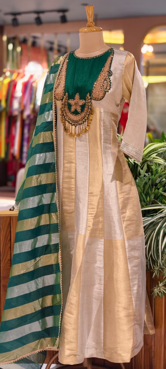 Classic Nior Grand Antique Jewel Look Yoke Tissue Elegance Striking Striped Panel Anarkali Full Suit Set With Dupatta- 13810