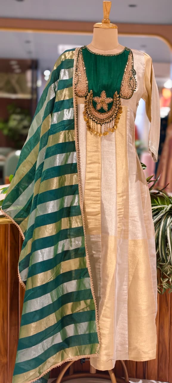 Classic Nior Grand Antique Jewel Look Yoke Tissue Elegance Striking Striped Panel Anarkali Full Suit Set With Dupatta- 13810