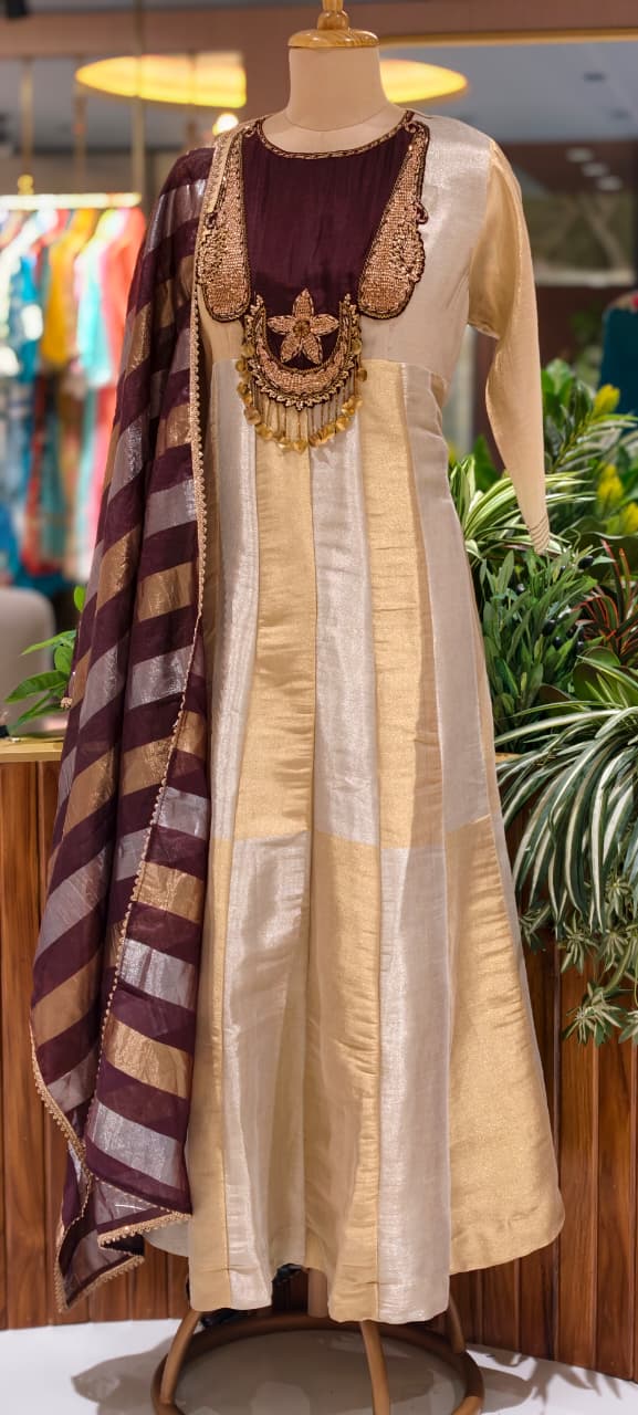Classic Nior Grand Antique Jewel Look Yoke Tissue Elegance Striking Striped Panel Anarkali Full Suit Set With Dupatta- 13810