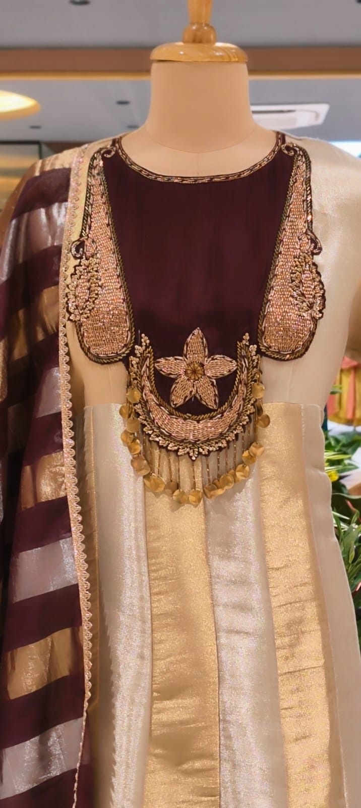Classic Nior Grand Antique Jewel Look Yoke Tissue Elegance Striking Striped Panel Anarkali Full Suit Set With Dupatta- 13810