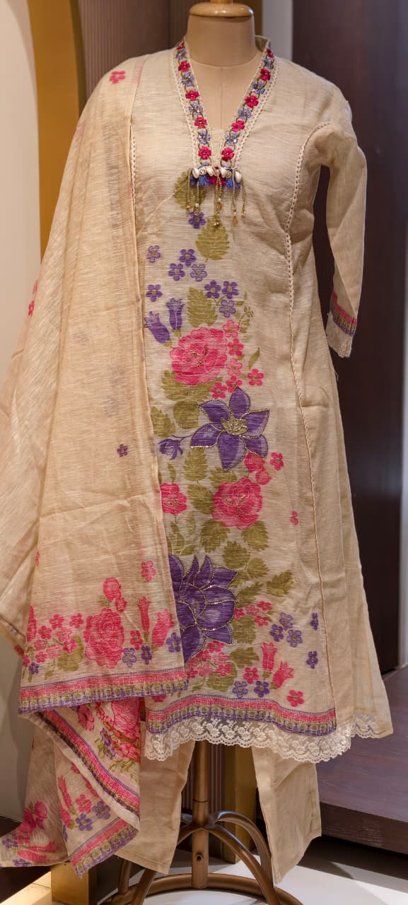Spring Floral Print With Golden Highlights Crosia Laced A-Lined Full Suit Set With Dupatta Fabric Weaving - 13818