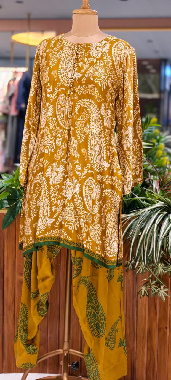 Graceful Mustard Mango Buti Printed Farsi Bottom Co-Ord Set In Modal Satin Fabric- 13799