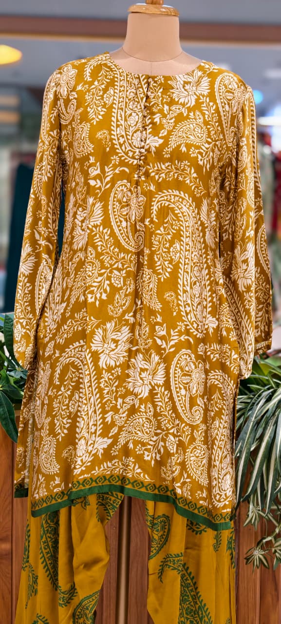 Graceful Mustard Mango Buti Printed Farsi Bottom Co-Ord Set In Modal Satin Fabric- 13799