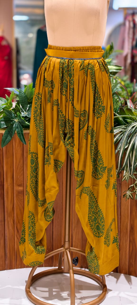 Graceful Mustard Mango Buti Printed Farsi Bottom Co-Ord Set In Modal Satin Fabric- 13799