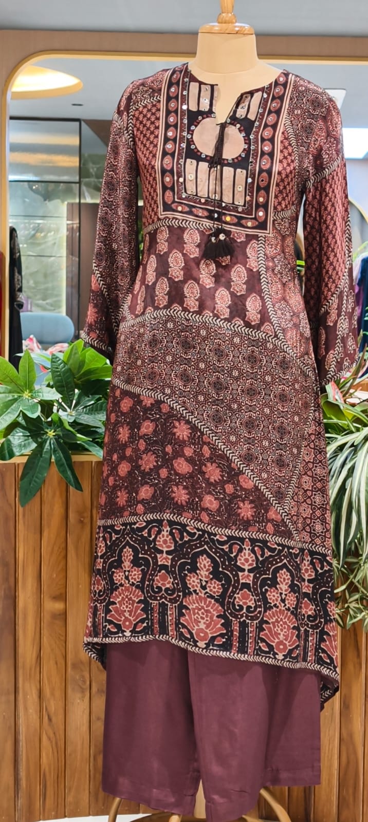 Ajrakh Multi Prints Ethnic Wear A-Line Kurta Pant Set In Pure Crepe Fabric-13753
