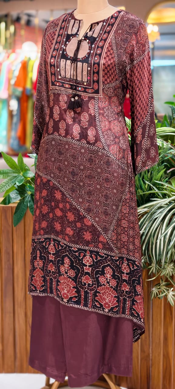 Ajrakh Multi Prints Ethnic Wear A-Line Kurta Pant Set In Pure Crepe Fabric-13753