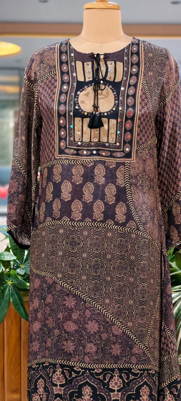 Ajrakh Multi Prints Ethnic Wear A-Line Kurta Pant Set In Pure Crepe Fabric-13753