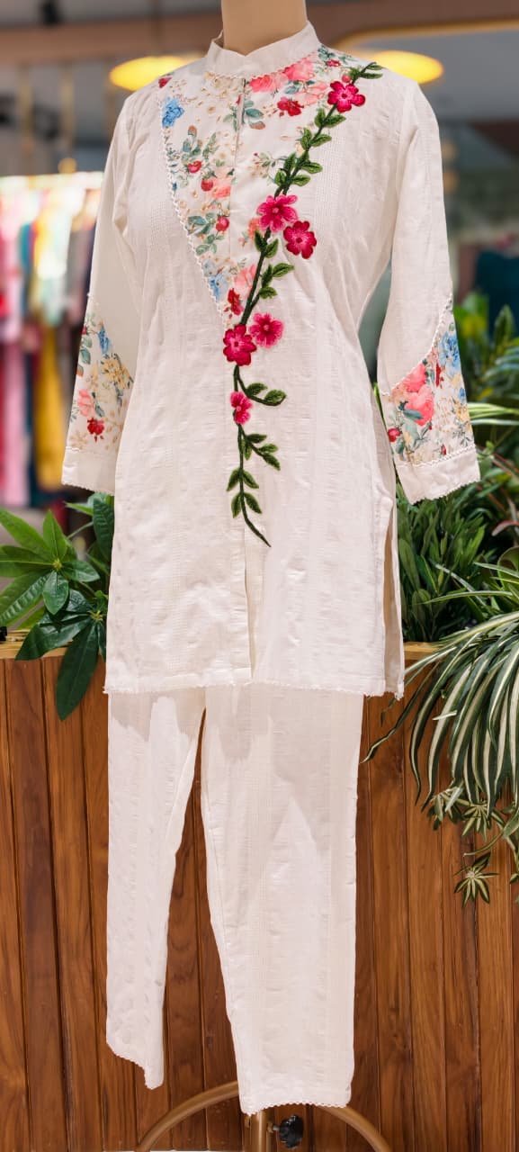 Floral Charm Meadowed Embroidered Elegant Co-Ord Set In Premium Cotton Fabric- 13830