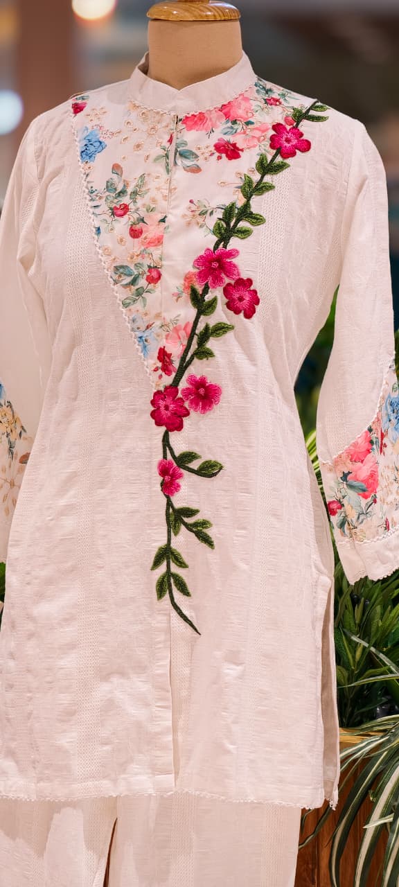 Floral Charm Meadowed Embroidered Elegant Co-Ord Set In Premium Cotton Fabric- 13830