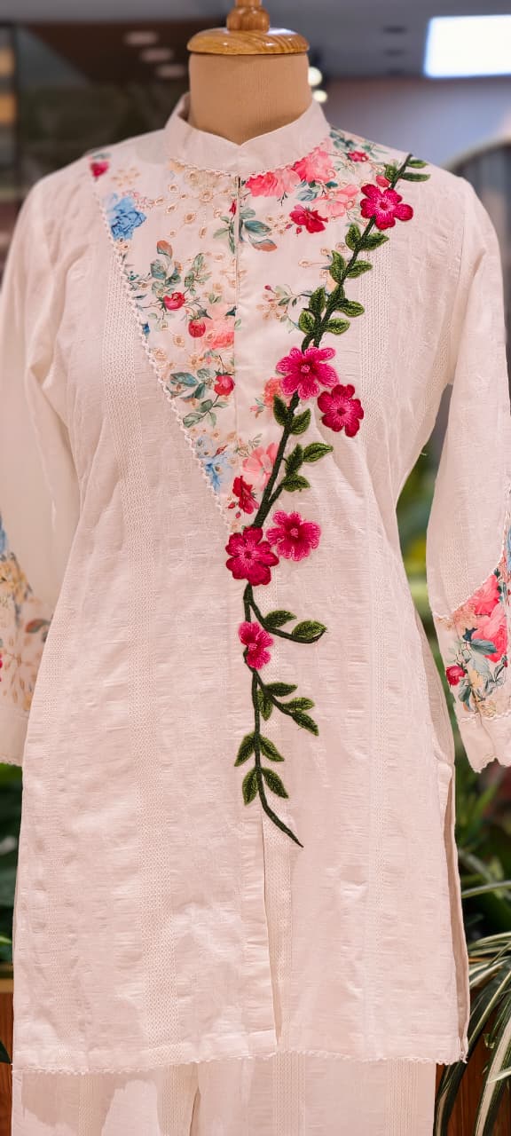 Floral Charm Meadowed Embroidered Elegant Co-Ord Set In Premium Cotton Fabric- 13830