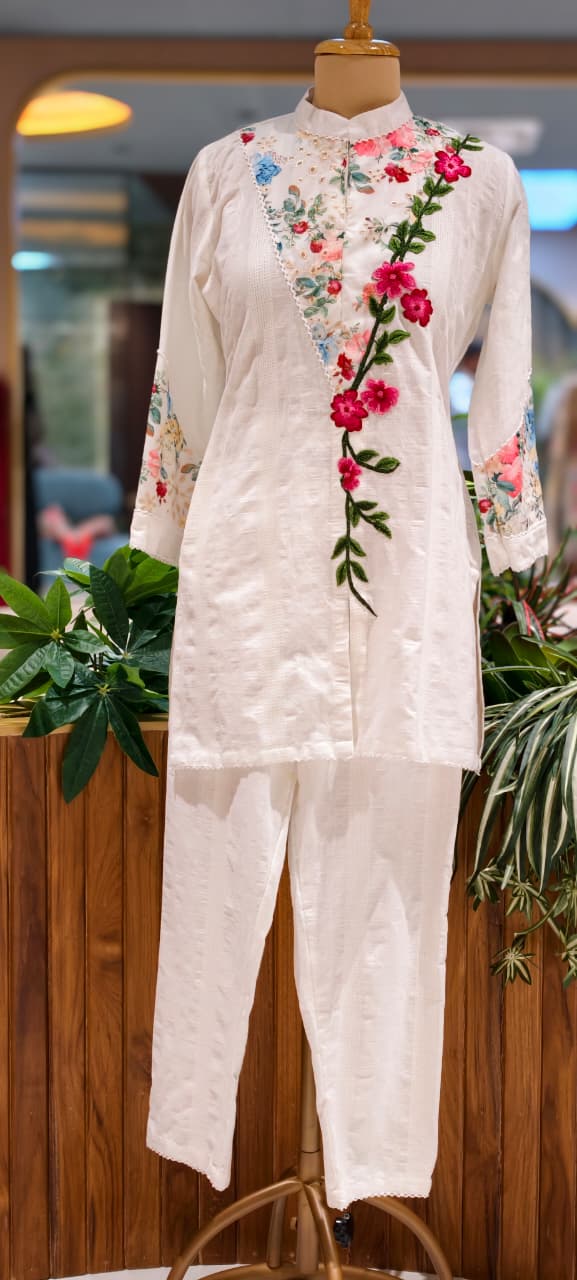 Floral Charm Meadowed Embroidered Elegant Co-Ord Set In Premium Cotton Fabric- 13830