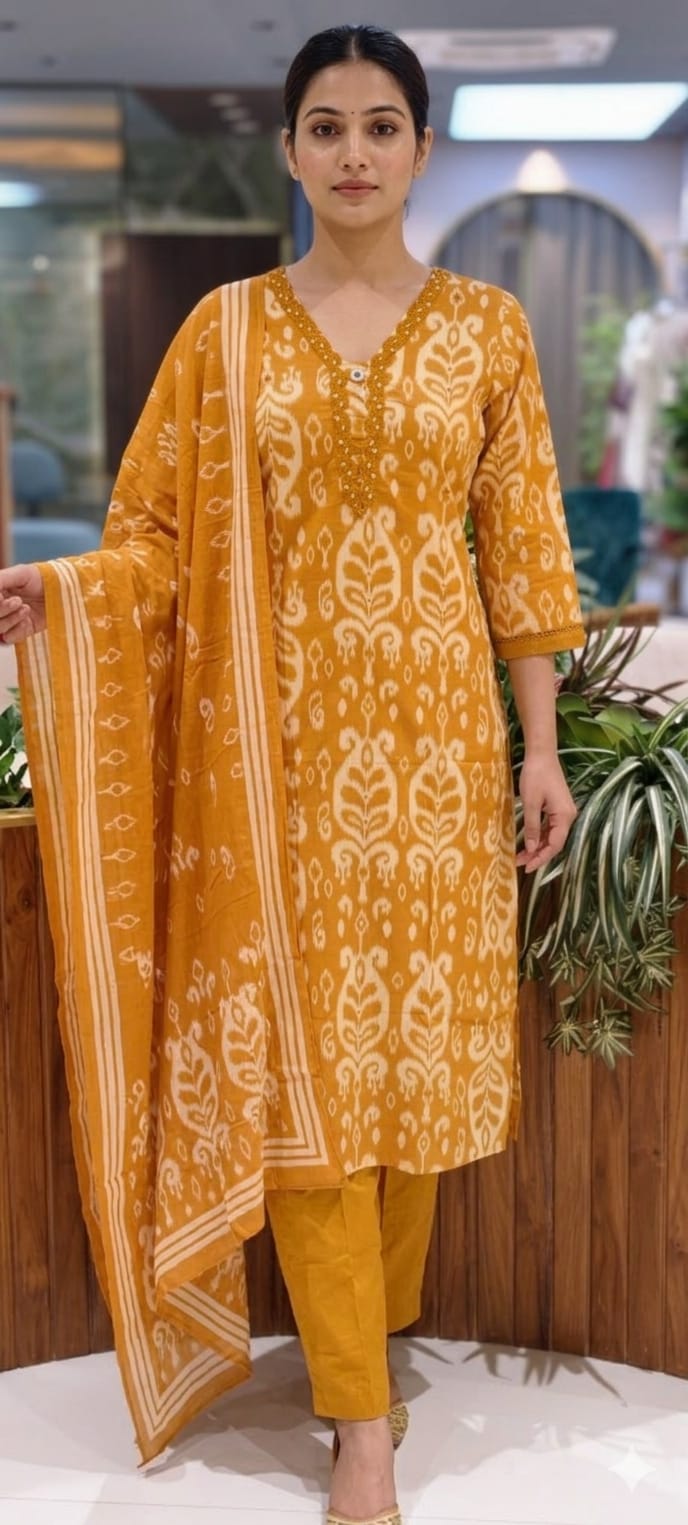 Soft Breathable Elegant Cotton Printed Kurta Pant Set with Dupatta-13845