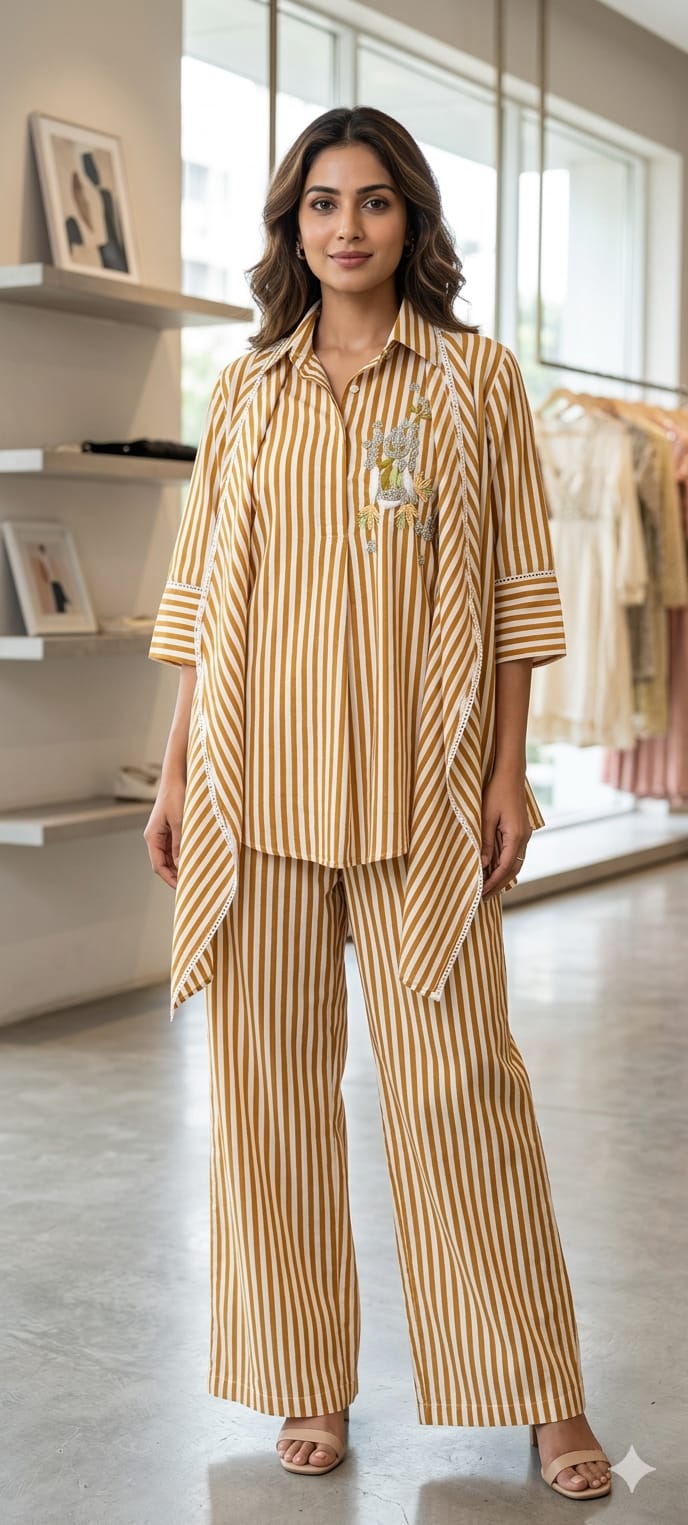 Mustard Striped Cotton Co-Ord Set with Embroidered Shirt with hi low shrug & Straight Pants-13863