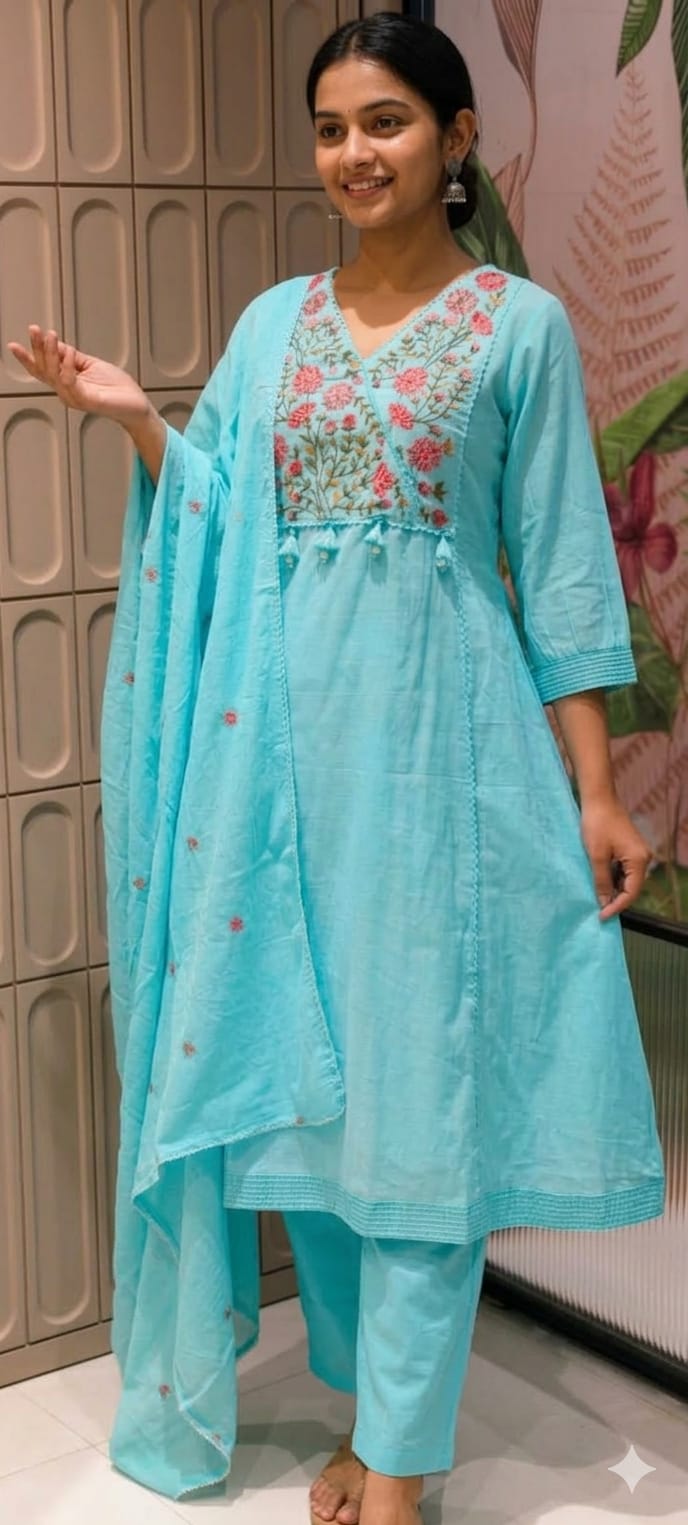 Mul Cotton A-Line Kurta Sets with Embroidered Yoke, Straight Pants and Dupatta-13881