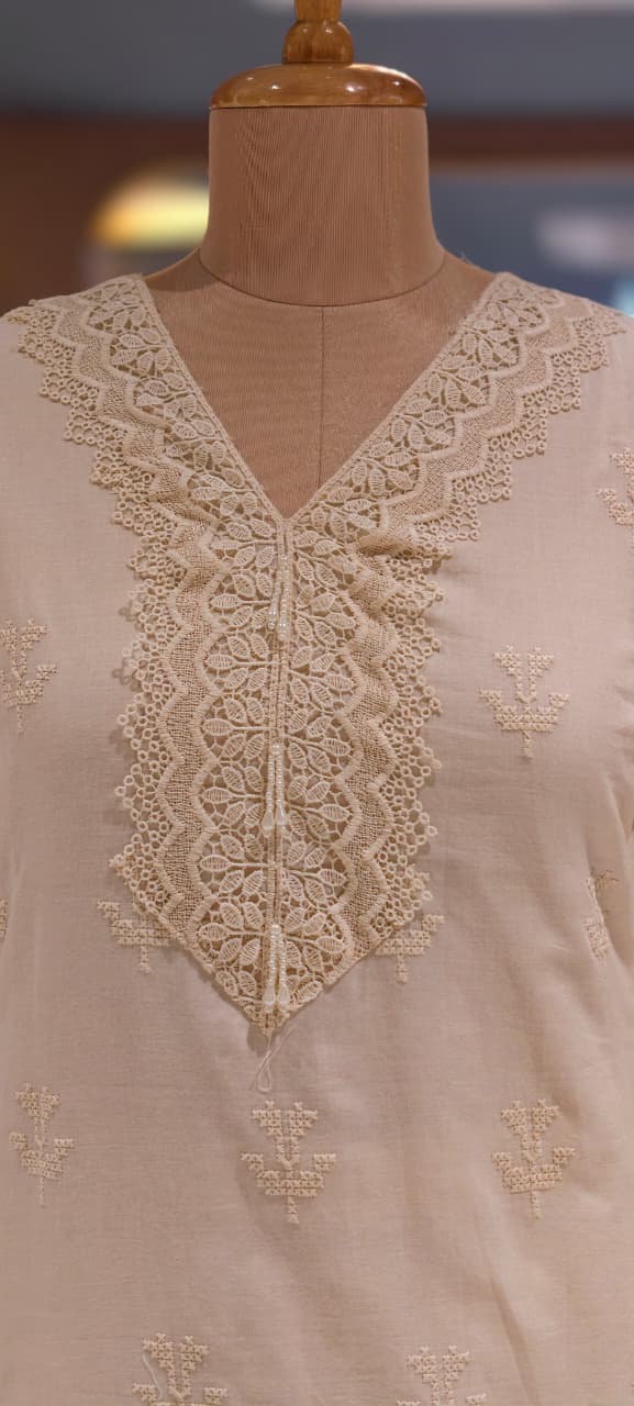 Elegant Cotton Schiffli Embroidered Kurta Pant Set with Lace Detailing 13972 RB36