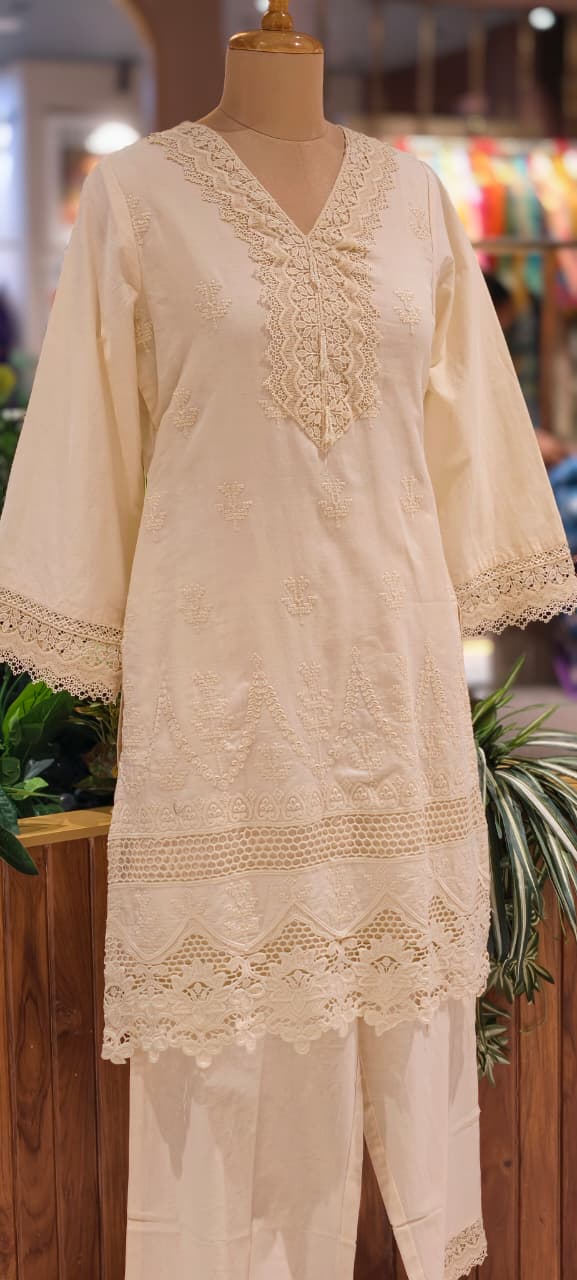 Elegant Cotton Schiffli Embroidered Kurta Pant Set with Lace Detailing 13972 RB36