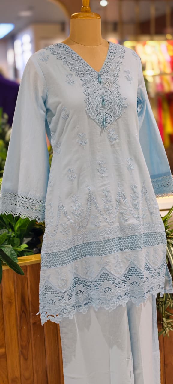 Elegant Cotton Schiffli Embroidered Kurta Pant Set with Lace Detailing 13972 RB36