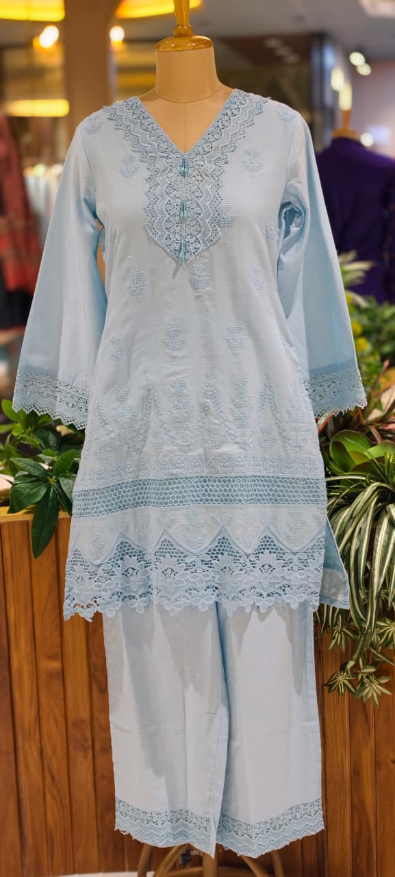 Elegant Cotton Schiffli Embroidered Kurta Pant Set with Lace Detailing 13972 RB36