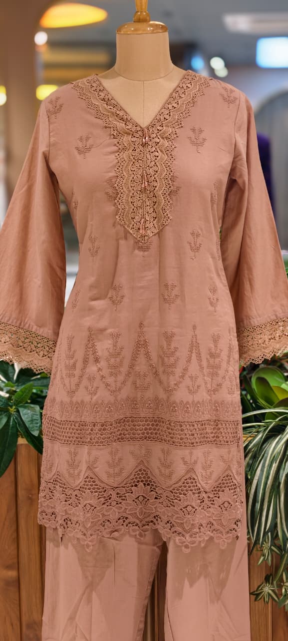 Elegant Cotton Schiffli Embroidered Kurta Pant Set with Lace Detailing 13972 RB36