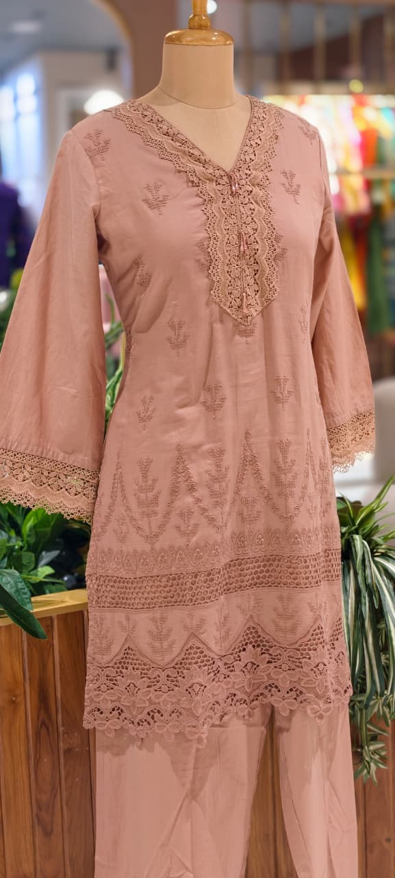 Elegant Cotton Schiffli Embroidered Kurta Pant Set with Lace Detailing 13972 RB36
