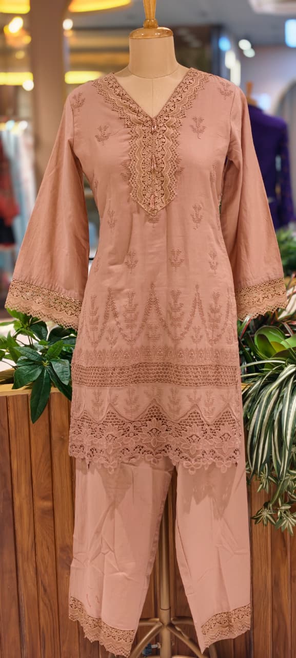 Elegant Cotton Schiffli Embroidered Kurta Pant Set with Lace Detailing 13972 RB36
