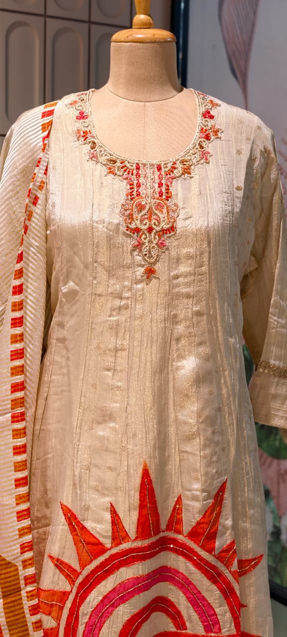 Premium Cotton Silk A-Line Kurta Set with Artistic Sun Motif Embroidery & Designer Printed Dupatta-RB40