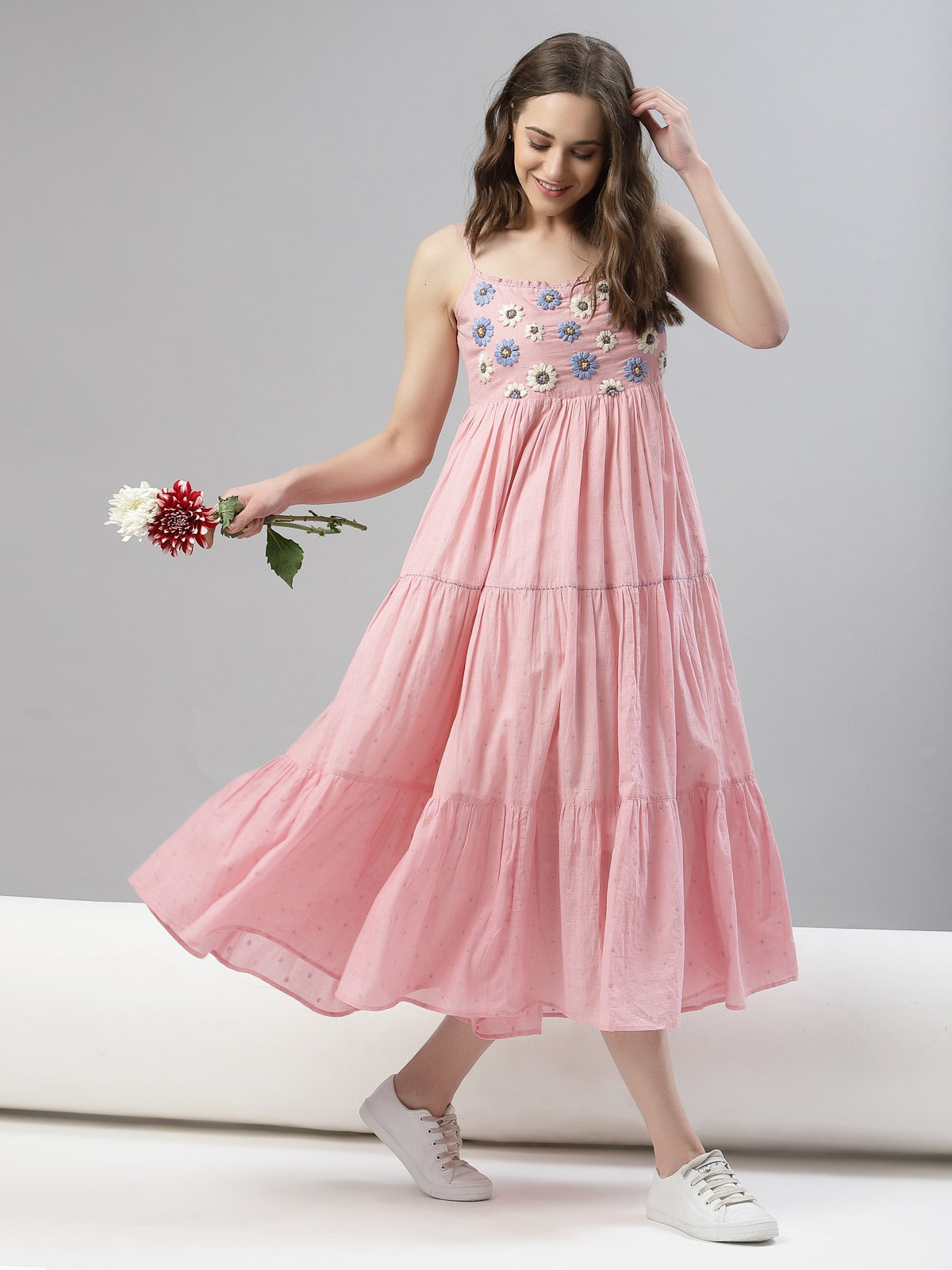 Floral Embroidered Tiered Mul Cotton Midi Dress with Spaghetti Straps 14043 RB53