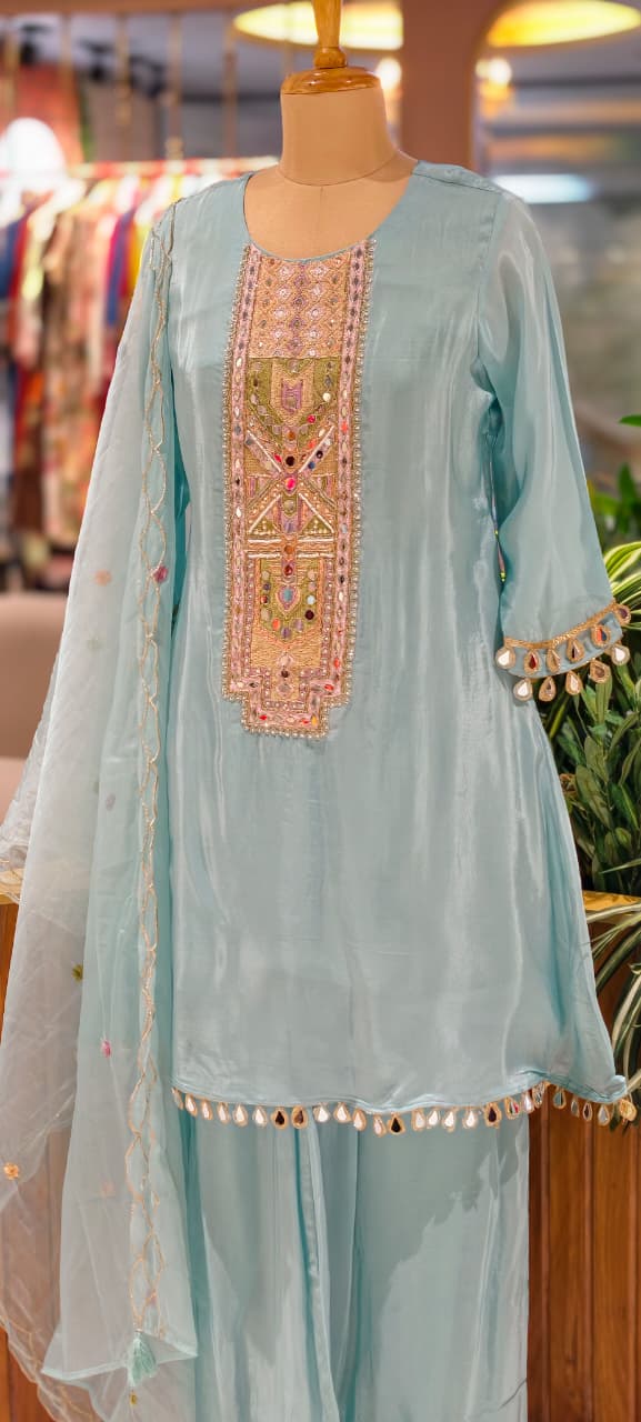 Royal Multicolor Yoke With Real Mirror Touch A-Line Full Suit Set With Dupatta In HO Silk Fabric- 14074