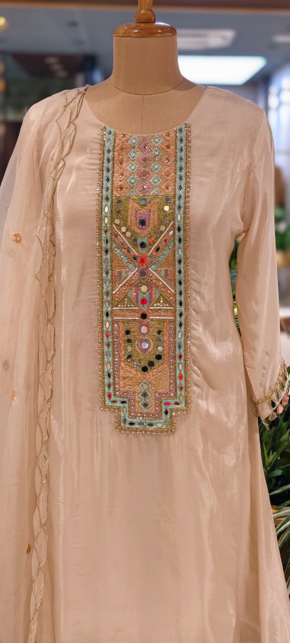 Royal Multicolor Yoke With Real Mirror Touch A-Line Full Suit Set With Dupatta In HO Silk Fabric- 14074
