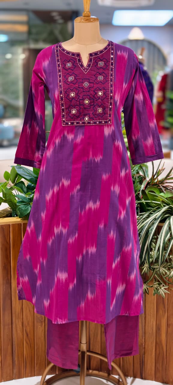 Ikkat Inspired Summer Wear Cotton Kurta Pant Set With Mirror Touch In Yoke RB111-14032