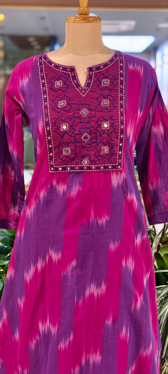 Ikkat Inspired Summer Wear Cotton Kurta Pant Set With Mirror Touch In Yoke RB111-14032