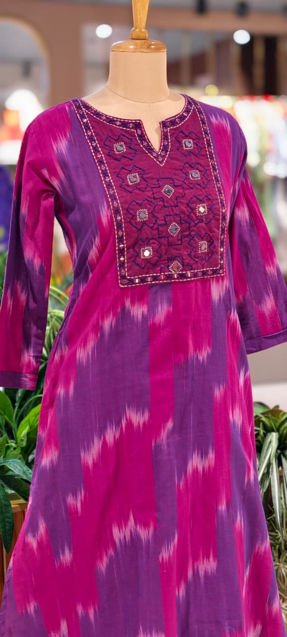 Ikkat Inspired Summer Wear Cotton Kurta Pant Set With Mirror Touch In Yoke RB111-14032