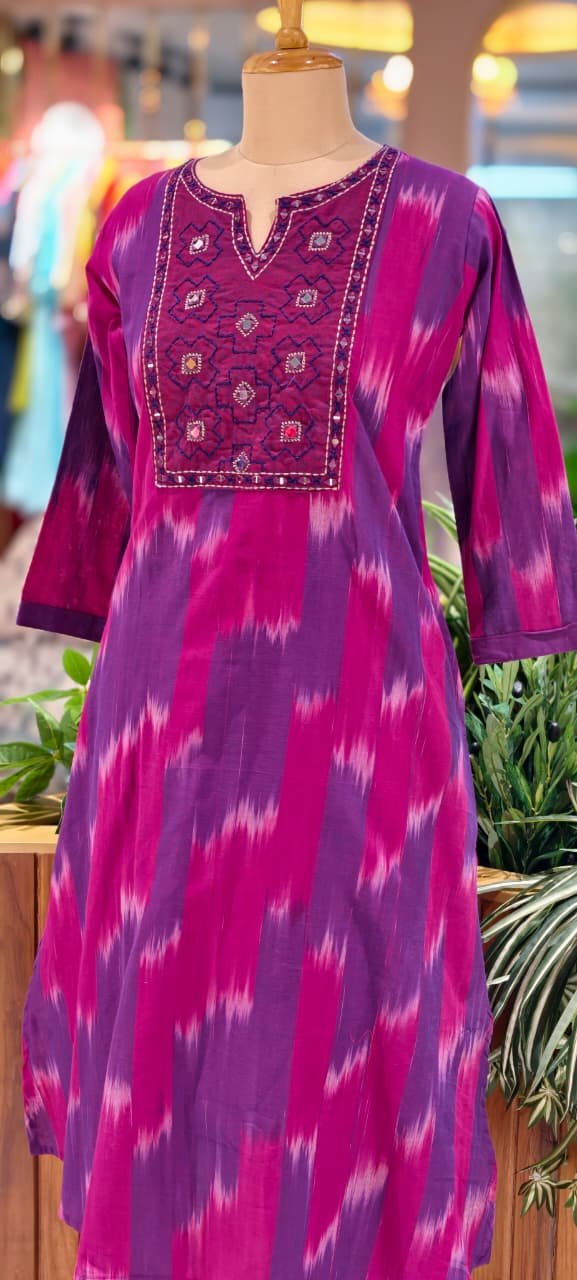 Ikkat Inspired Summer Wear Cotton Kurta Pant Set With Mirror Touch In Yoke RB111-14032