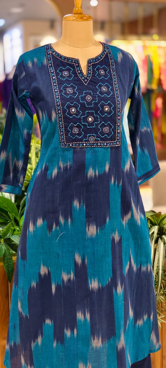 Ikkat Inspired Summer Wear Cotton Kurta Pant Set With Mirror Touch In Yoke RB111-14032